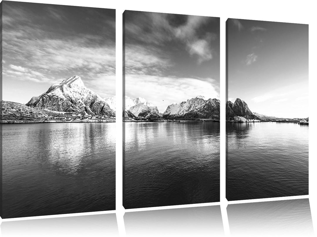 Pixxprint Lofoten in Norwegen Kunst B&W als Leinwandbild | Grösse: 3 Teilig (120x80) | Wandbild| Kun