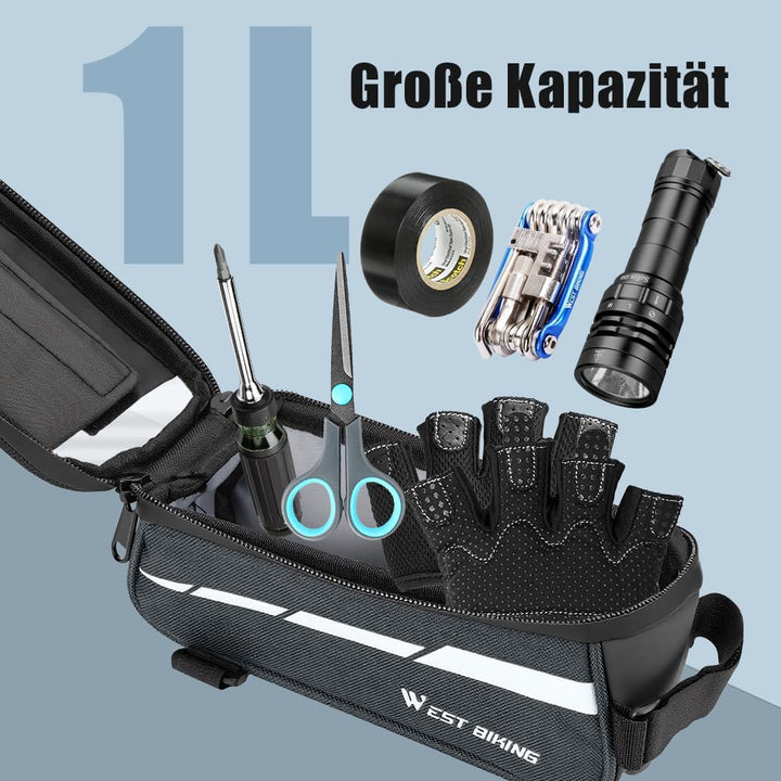 Fahrrad Rahmentasche Lenkertasche mit Handytasche, 1L Oberrohrtasche mit Touchscreen für Smartphone