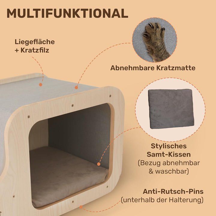 Katzenhaus mit Katzenbett, Katzenhöhle & Katzennapf | Katzenkorb, 3-in-1 Kratzmatte mit Katzen-Napfs