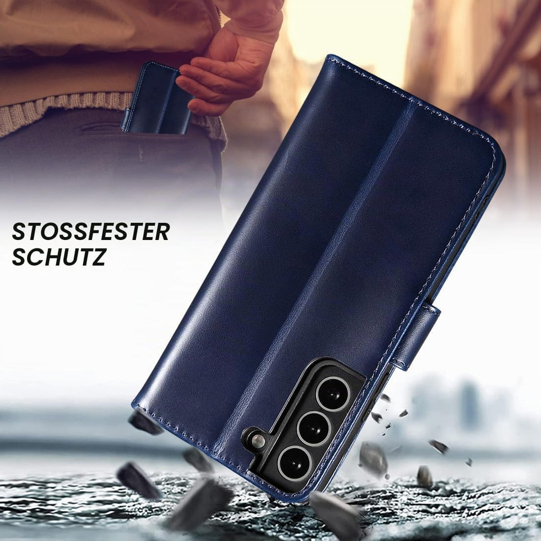 LENSUN Echtleder Hülle für Samsung Galaxy S22, Handyhülle Echtes Leder Magnetverschluss Standfunktio