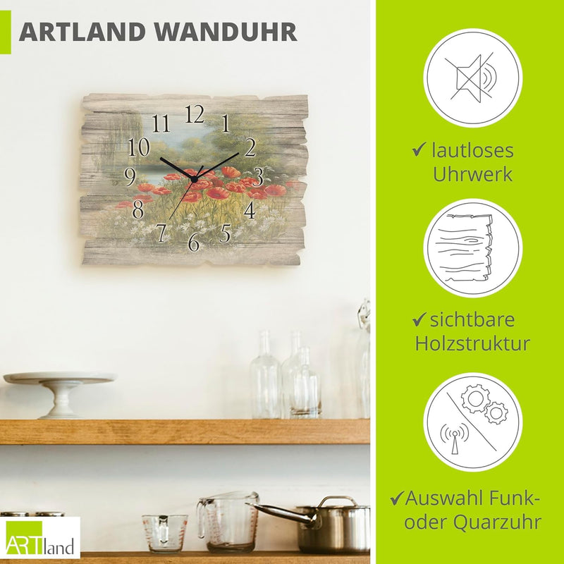 ARTLAND Wanduhr ohne Tickgeräusche aus Holz Funkuhr 40x30 cm Rechteckig Lautlos Blumen Wiese Natur M