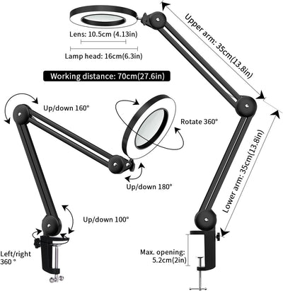 Beyamz LED Lupenleuchte, Arbeitsplatzlampe, 5 Dioptrien Lupe mit Licht - mit Klemme, Schwenkarm, Dim