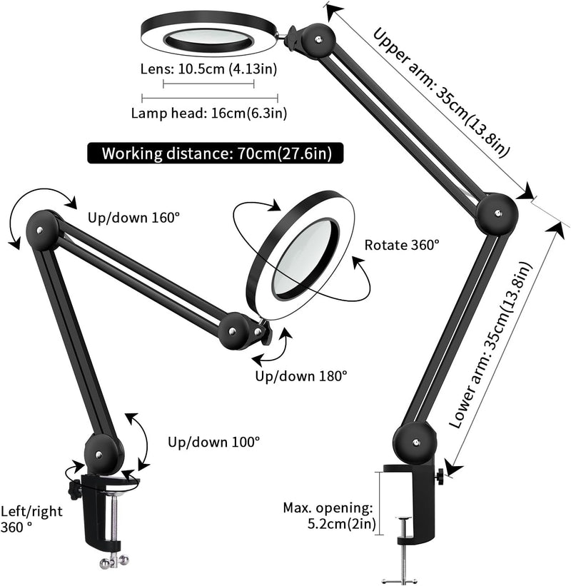 Beyamz LED Lupenleuchte, Arbeitsplatzlampe, 5 Dioptrien Lupe mit Licht - mit Klemme, Schwenkarm, Dim