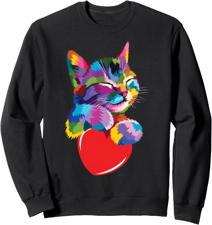 Niedliche Regenbogen-Katze umarmt Herz Kitty Liebe Katze Sweatshirt