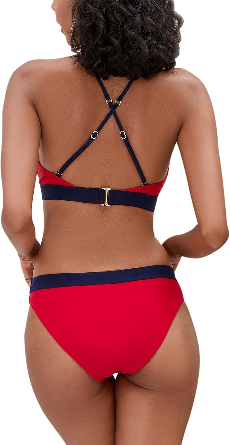 iSLASISIA Damen Bikini Set, Triangel, breites Unterbrustband, Bademode, Badeanzug 36 Rot + Blau, 36