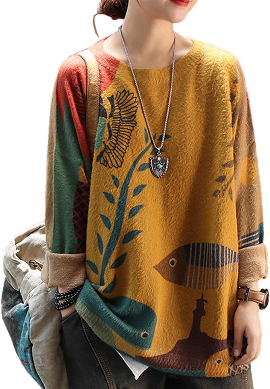 Janein Damen Pullover Oversize Lang Strickpullover Herbst Winter Rundhals Sweater mit Blumenmuster W