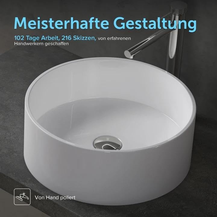 doporro Aufsatzwaschbecken rund Colossum804 Weiss glänzend Ø 40 cm Mineralguss Waschbecken ohne Arma