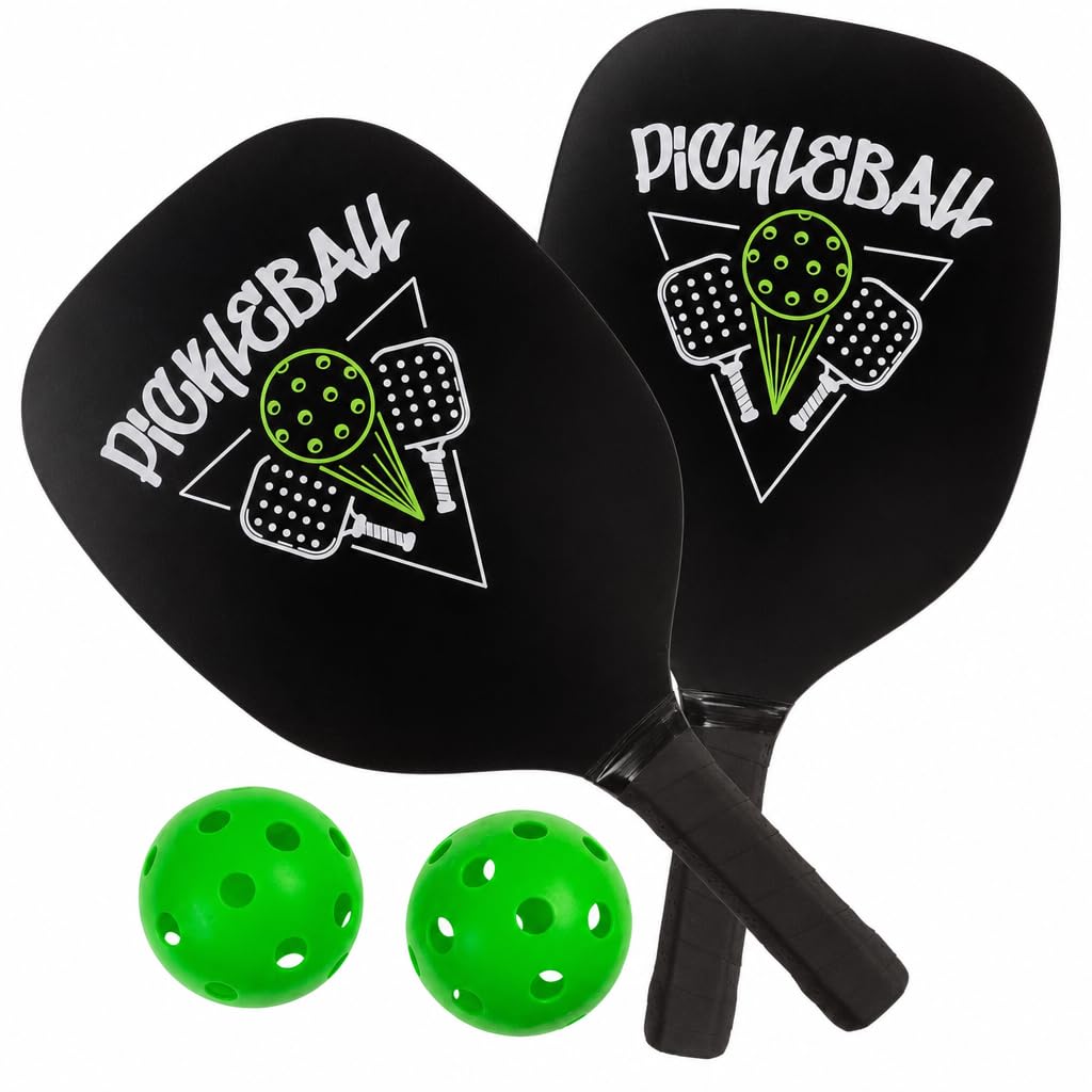 MIJOMA Pickleball Schlägerset – 2 robuste Schläger &amp; 2 grüne Bälle im Netz – Perfekt für Anfänger &amp;