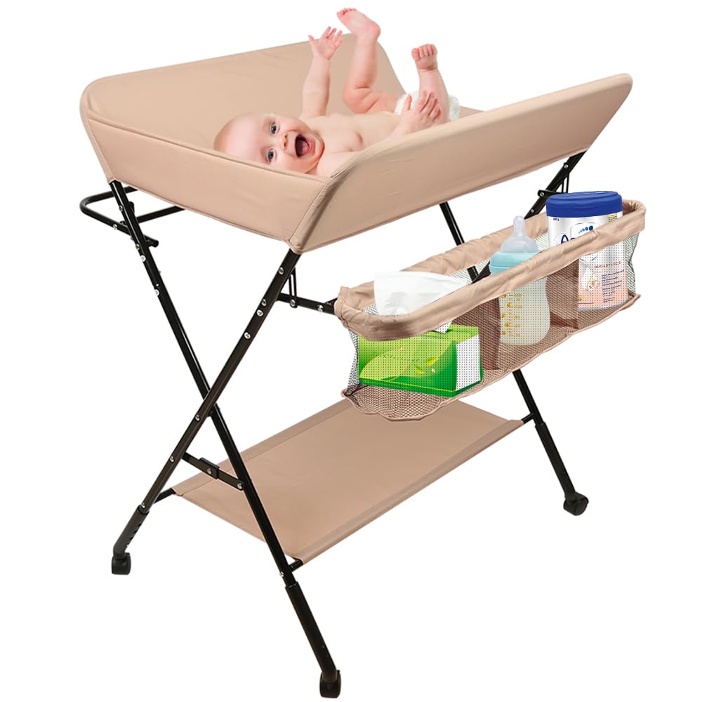 Baby Wickelkombi,klappbare Wickelkommode, mobiler Wickeltisch mit Wickelauflage, Giraffen-Muster, Ge