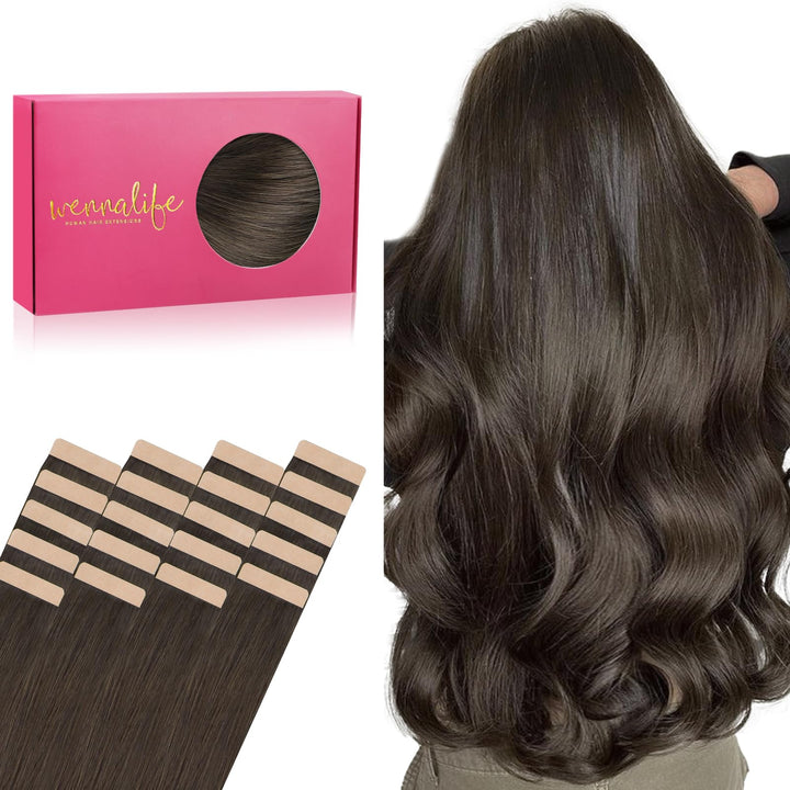 WENNALIFE Tape Extensions Echthaar, 20pcs 50g 60cm 24 Zoll Kühles Dunkelbraun Remy Invisible Tape Ex