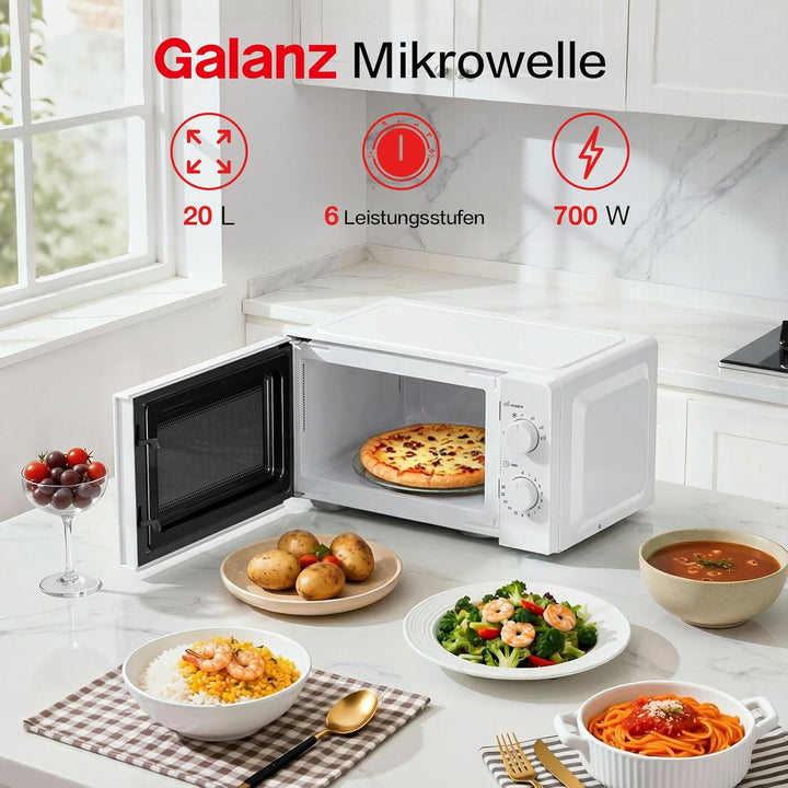Galanz Mikrowelle 20L 700W, Solo Mikrowellengerät mit Drehregler, 6 Leistungsstufen, Drehteller aus