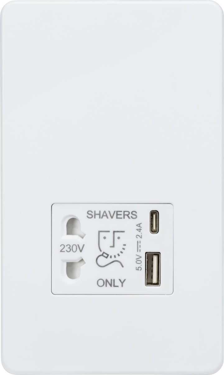 Knightsbridge Schraubenlose Rasiersteckdose mit Dual-USB A+C (5 V DC 2,4 A geteilt) – Mattweiss, Mat