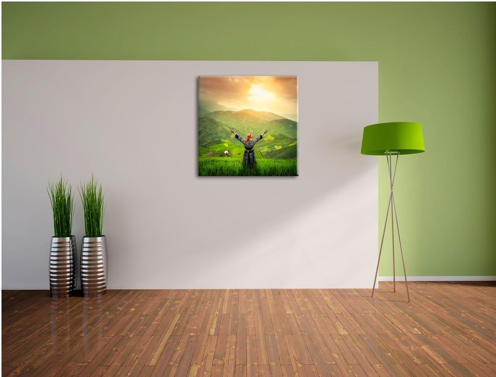Pixxprint asiatische Berg Farm als Leinwandbild | Grösse: 70x70 cm | Wandbild | Kunstdruck | fertig