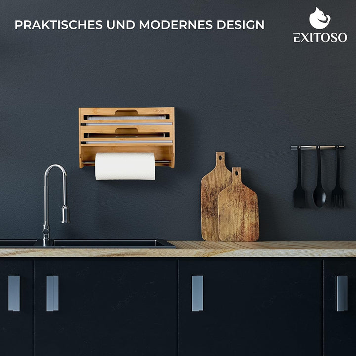 Exitoso 3-in-1 Folienschneider aus Bambus | Küchenrollenhalter Frischhaltefolienspender & Alufoliens