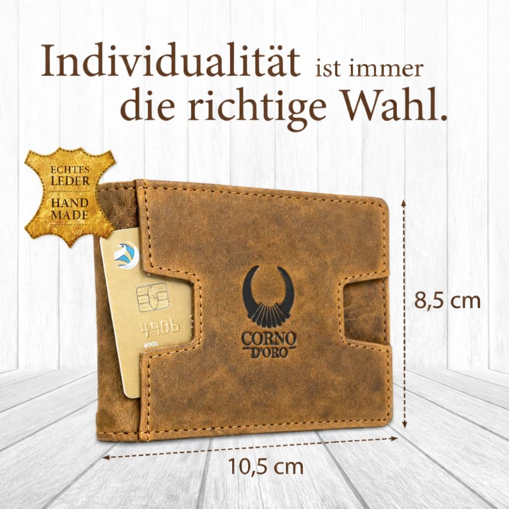 Corno d´Oro Handmade Portmonee Herren Leder mit Geldklammer I Mini Slim Wallet mit RFID Schutz I Kle