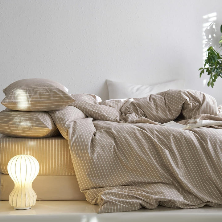 Sedefen Bettwäsche 200x220 cm Baumwolle Khaki Taupe Gestreift Baumwollbettwäsche Set,Renforce Bettbe
