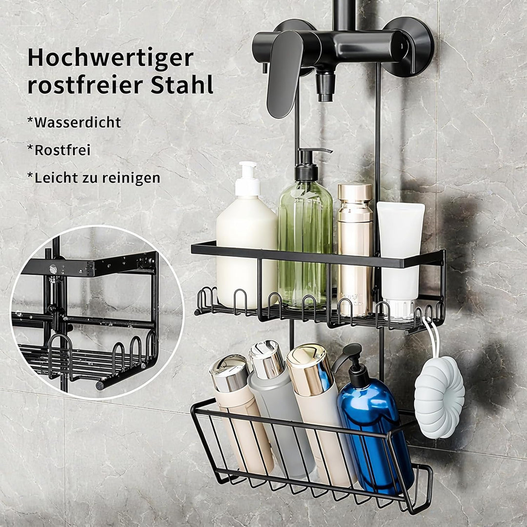 Doppelstock-Duschablage zum hängen [50% mehr Stauraum], 54cm Perfektgrösse + Schrägdesign, 12 Haken,