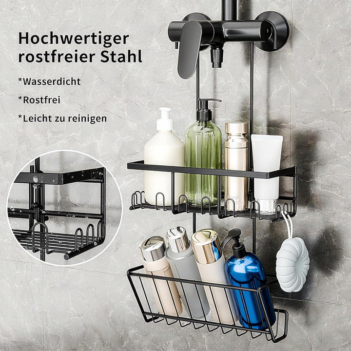 Doppelstock-Duschablage zum hängen [50% mehr Stauraum], 54cm Perfektgrösse + Schrägdesign, 12 Haken,