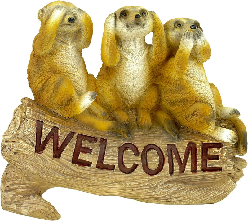 Kremers Schatzkiste Erdmännchen 3 Weisen als Welcome Schild Figur Gartenfigur 24 cm Meercat Tierfigu