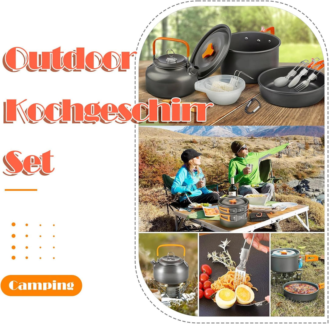 Camping Kochgeschirr Set, Outdoor Geschirr Set Kochtopf Set 10 Teilig, Outdoor Kochgeschirr Set für