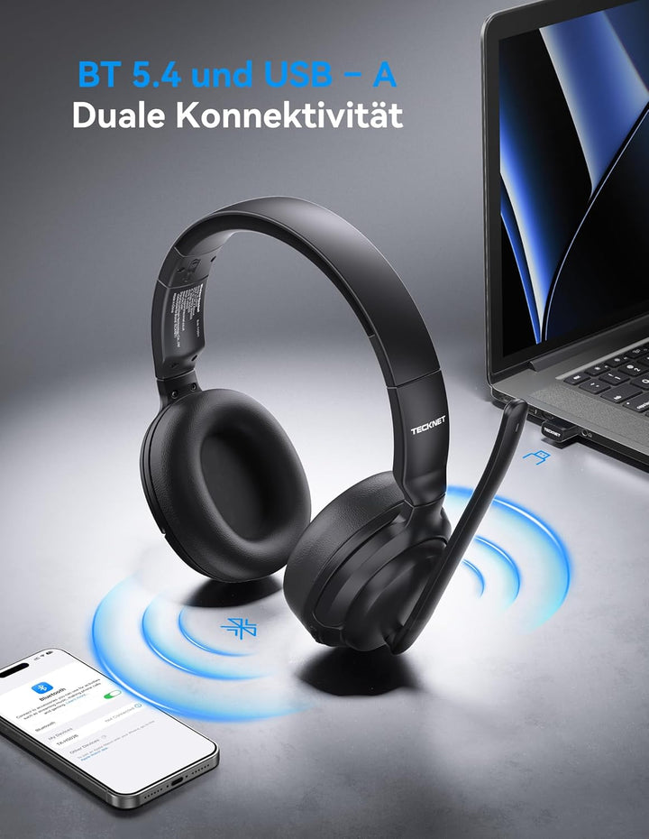 TECKNET Bluetooth Headset mit Mikrofon, kopfhörer kabellos mit BT5.4 Technologie, Mono/Stereo 2-in-1