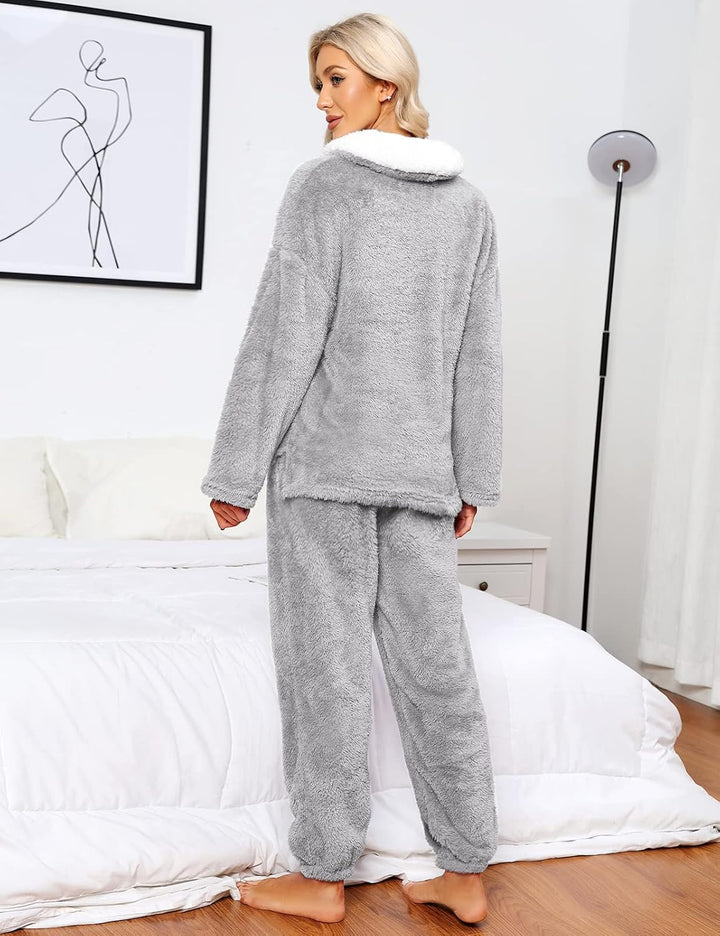 TOMEEK Schlafanzug Damen Winter Thermo Pyjama Set Langarm Fleece Nachtwäsche Set Weicher Warmer Heim