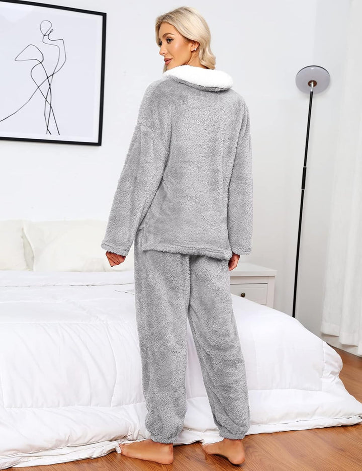 TOMEEK Schlafanzug Damen Winter Thermo Pyjama Set Langarm Fleece Nachtwäsche Set Weicher Warmer Heim