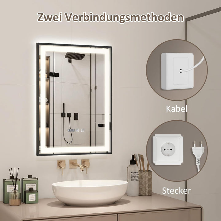 YOURLITE Badspiegel mit Beleuchtung 50x70cm,Badezimmerspiegel mit Beleuchtung und Uhr, 3 Lichtfarben