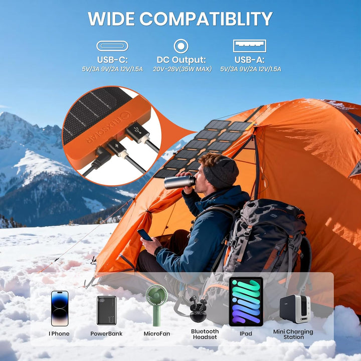 Flexsolar 36W Mini Faltbares Solarladegerät,Wasserdichter E-Film Solarpanel Tragbares mit USB-A/USB-