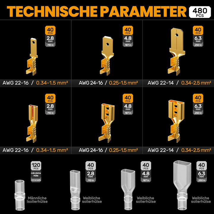 SOMELINE® Crimpzangen Set, 6 Arten [0,25-2,5mm²] Flachsteckhülsen Set, Flachsteckhülsenzange, Spade