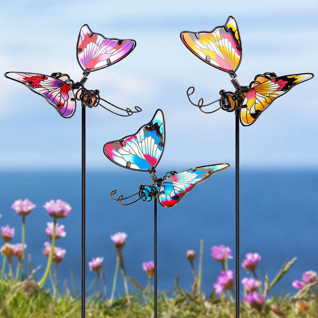 Juegoal Set mit 3 Schmetterlings-Gartensteckern, 50.8 cm, bunte Schmetterlinge, Glas und Metall, wet