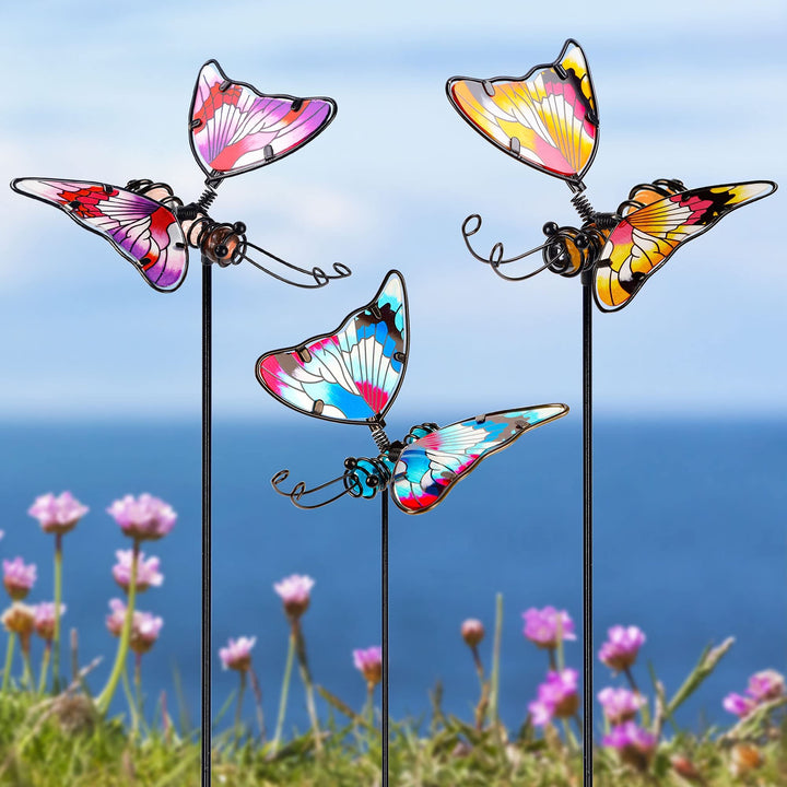 Juegoal Set mit 3 Schmetterlings-Gartensteckern, 50.8 cm, bunte Schmetterlinge, Glas und Metall, wet