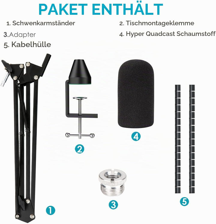 HyperX QuadCast Mikrofonarm - Mikrofonständer mit Popschutz kompatibel mit Hyperx QuadCast S Mikrofo