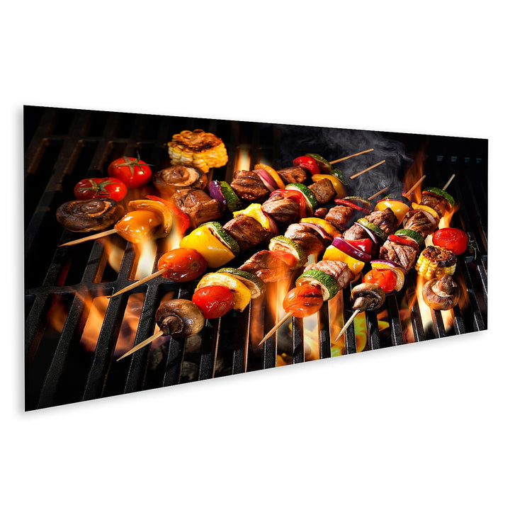 islandburner Bild auf Leinwand Fleischspiesse Gemüse Flammender Grill Grillspiesse Bilder Wandbilder