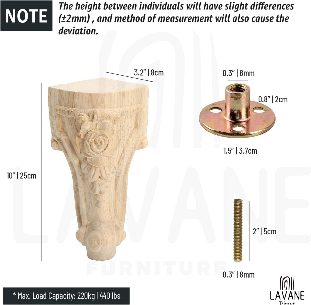 La Vane 4 Stück Massivholz Möbelfüsse 25cm (10 Zoll) - Europäischer Stil Handgeschnitzte Tischbeine,