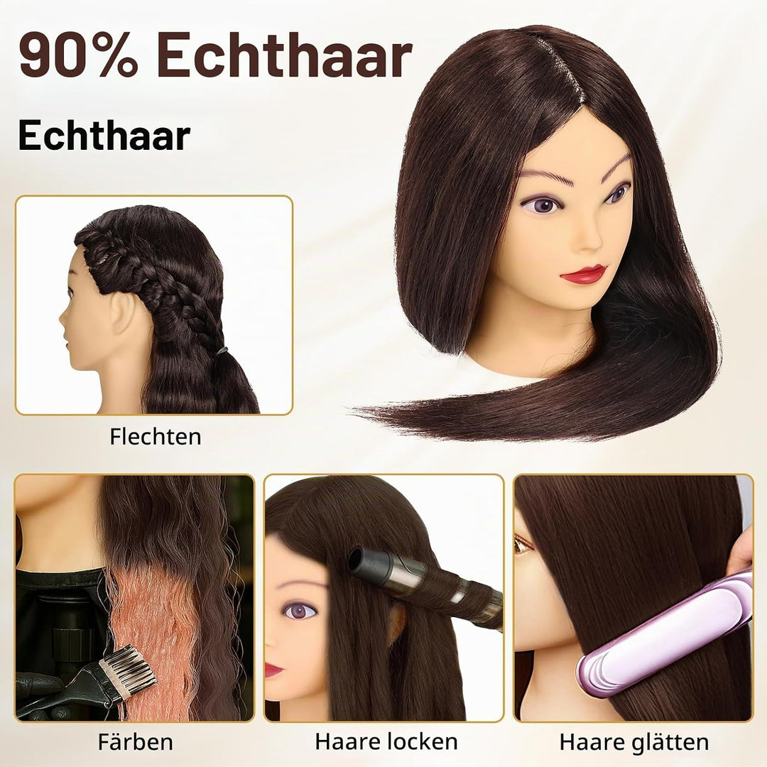 ekavo Friseurkopf mit Stativ, Trainingsköpfe mit 90% Echthaar 58CM, Schaufensterpuppe zum Frisieren,