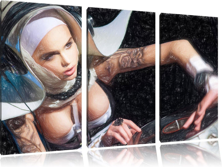 Pixxprint Tätowierte DJ Frau als Leinwandbild/Grösse: 3 Teilig (120x80) cm/Wandbild/Kunstdruck/ferti