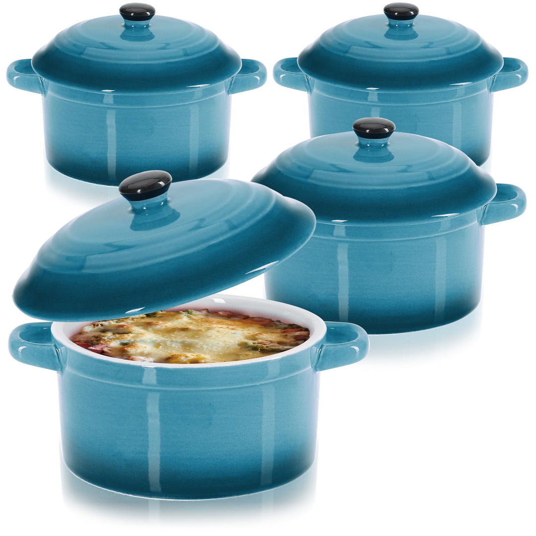 com-four® 4x Auflaufform mit Deckel aus Keramik - Dessertschale für Crème Brûlée - Mini-Schmortopf f