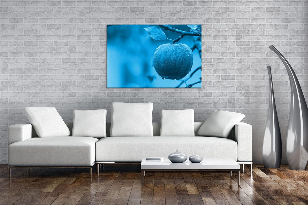 deyoli feuchter Apfel am Baum Format 100x70 Effekt: Monocrome Blau als Leinwandbild, Motiv fertig ge