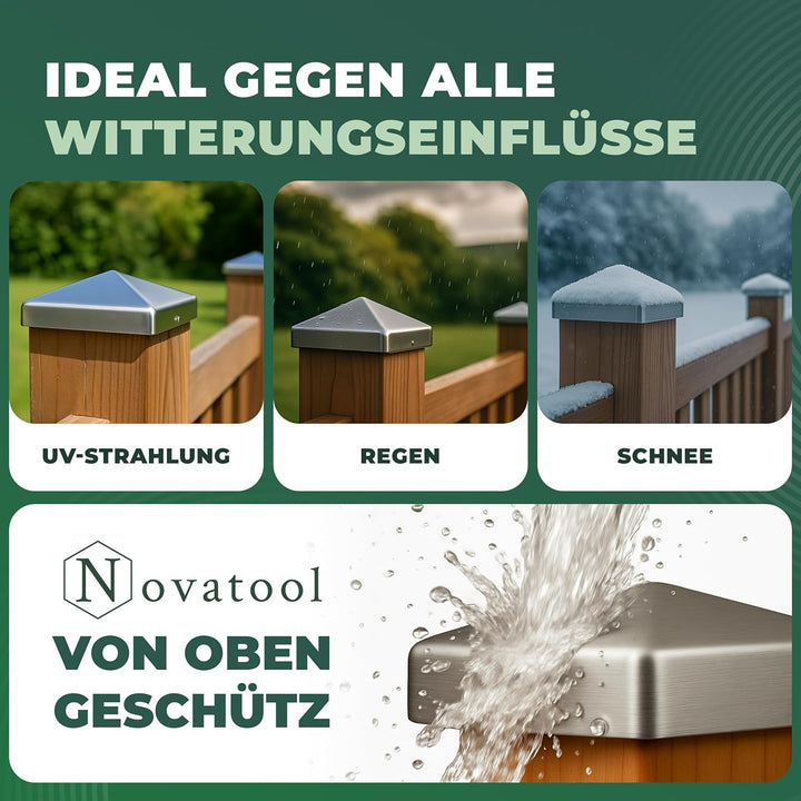Novatool 20x Edelstahl Pfostenkappen Sparset 71x71mm mit Schrauben, Pfostenabdeckung Pfostenkappe 7,