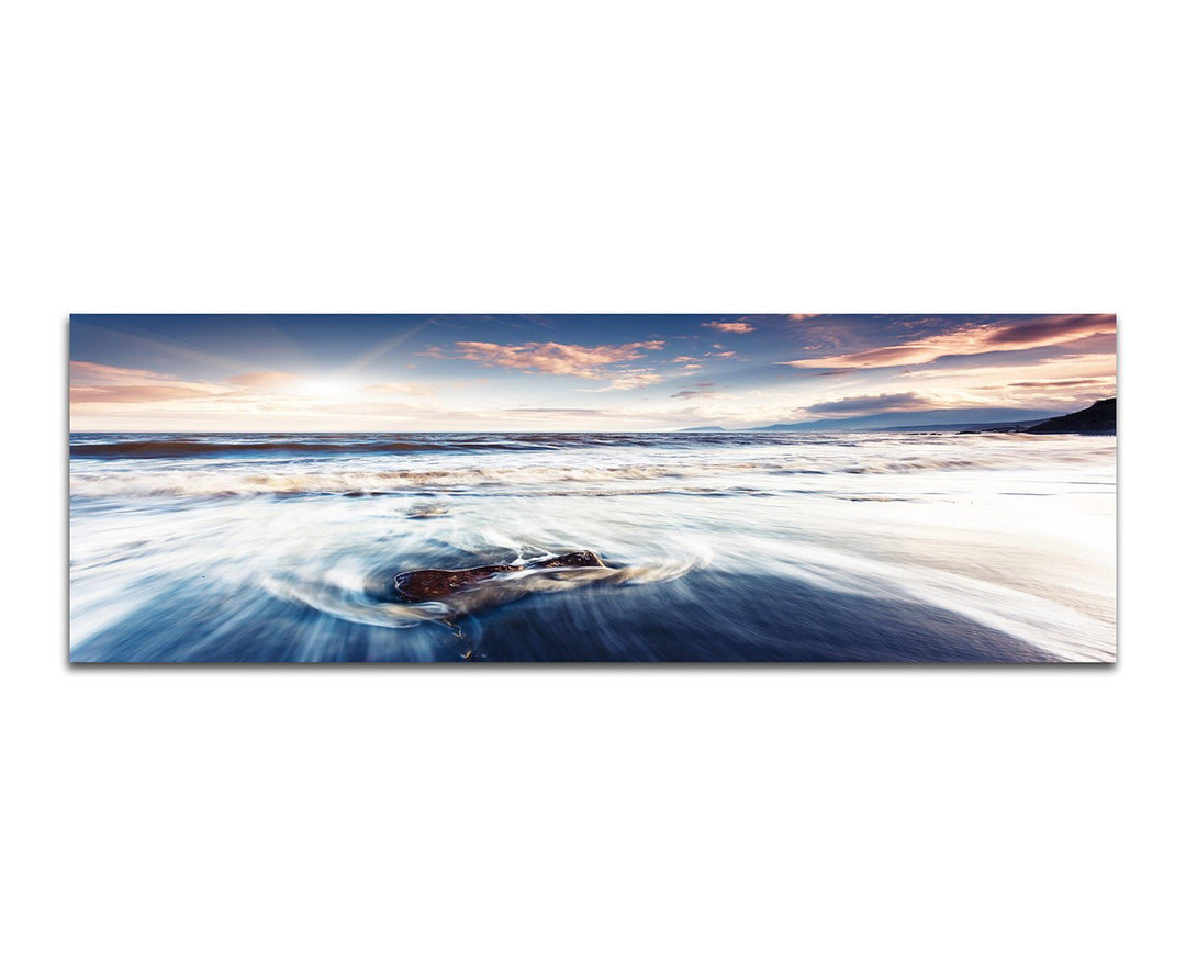 Paul Sinus Art Panoramabild auf Leinwand und Keilrahmen 150x50cm Krim Meer Wellen Nebel Sonnenunterg