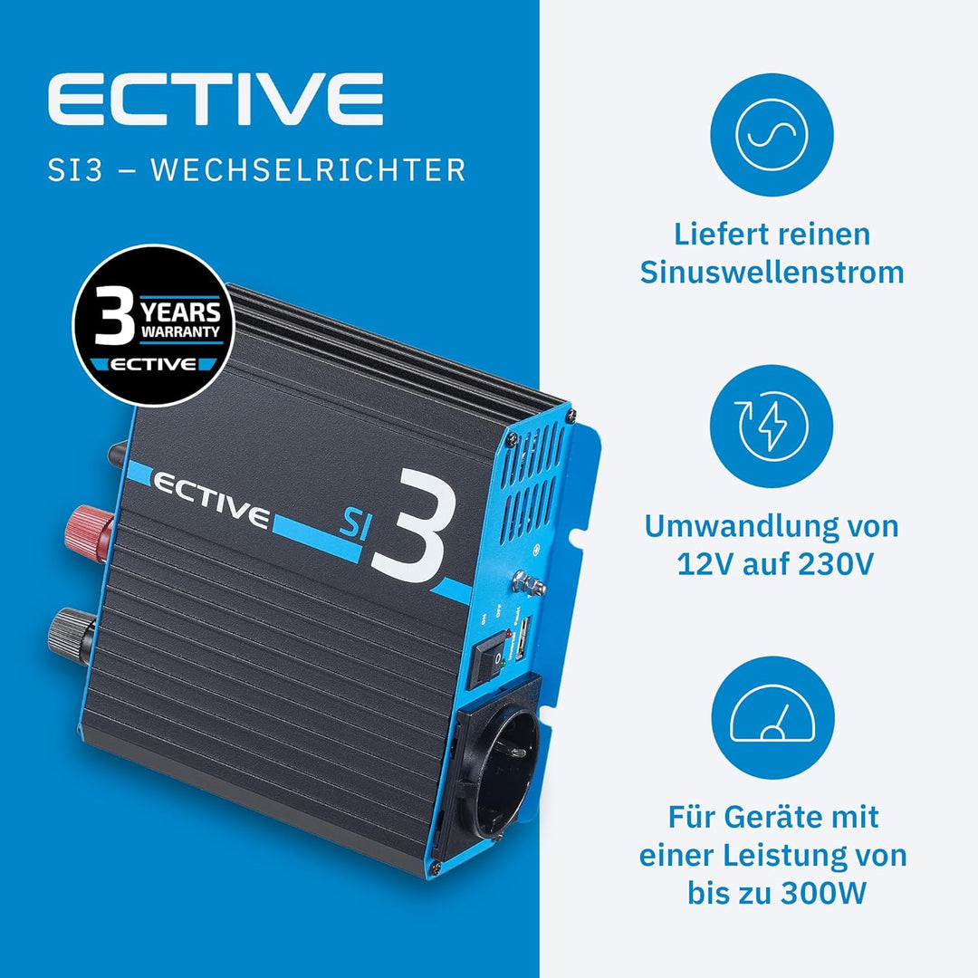 ECTIVE Reiner Sinsus Wechselrichter SI3-300W, 12V auf 230V, USB, Überlastschutz, Überhitzungsschutz,