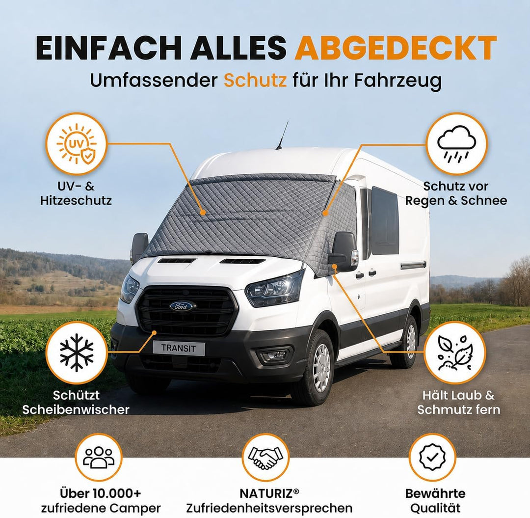NATURIZ® Frontscheibenabdeckung Ford Transit – Premium Scheibenabdeckung - Thermomatte aussen +Sonne