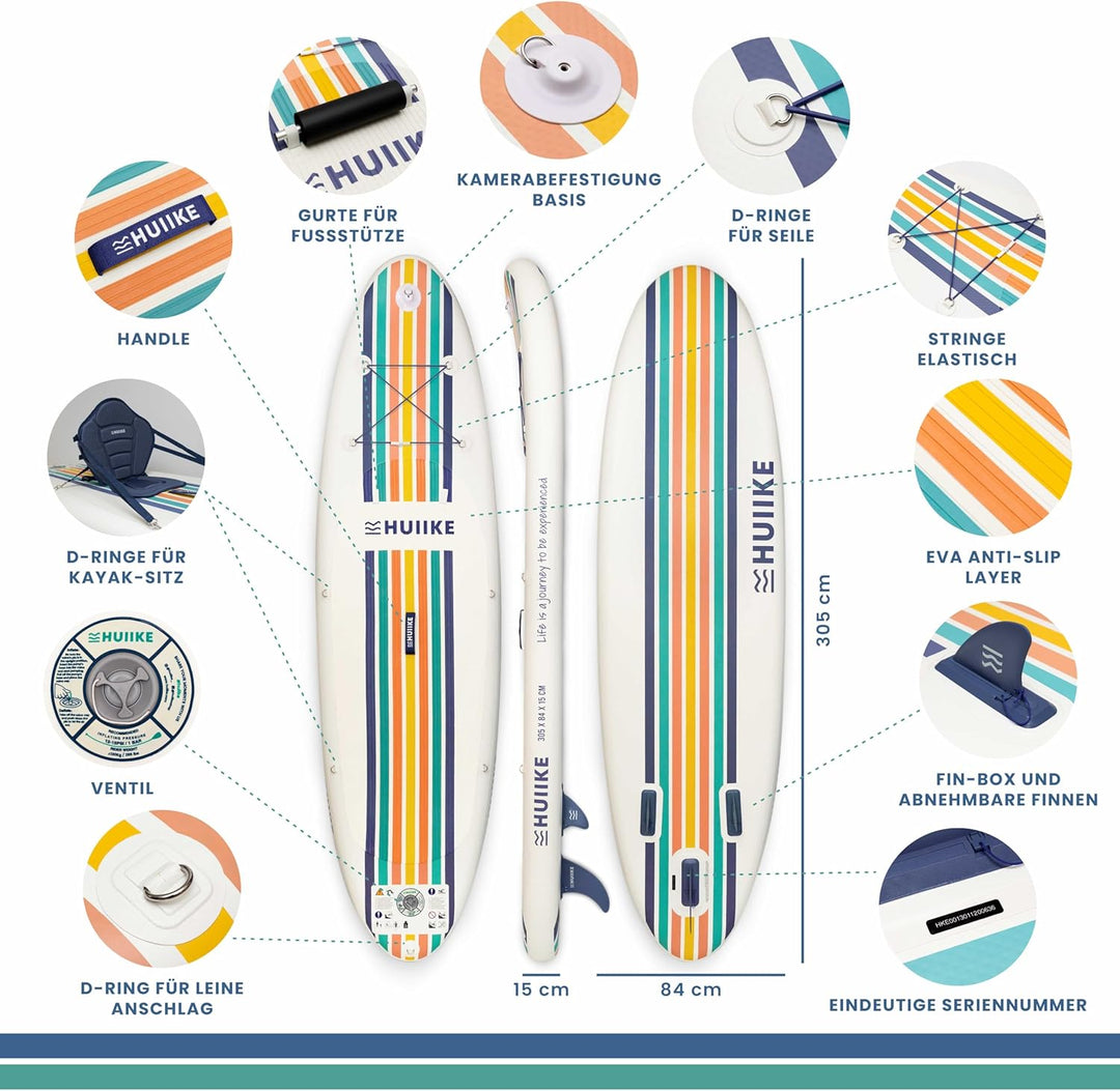 HUIIKE Stand Up Paddling Board mit Zubehör, Paddel, Finnen, Pumpe. Paddle Sup Board Aufblasbar Hohe