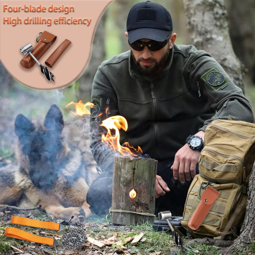WhaleO Handbohrer Holz Handbohrmaschine mit Lederhülle, Handbohrer Bushcraft Manueller Überlebensboh