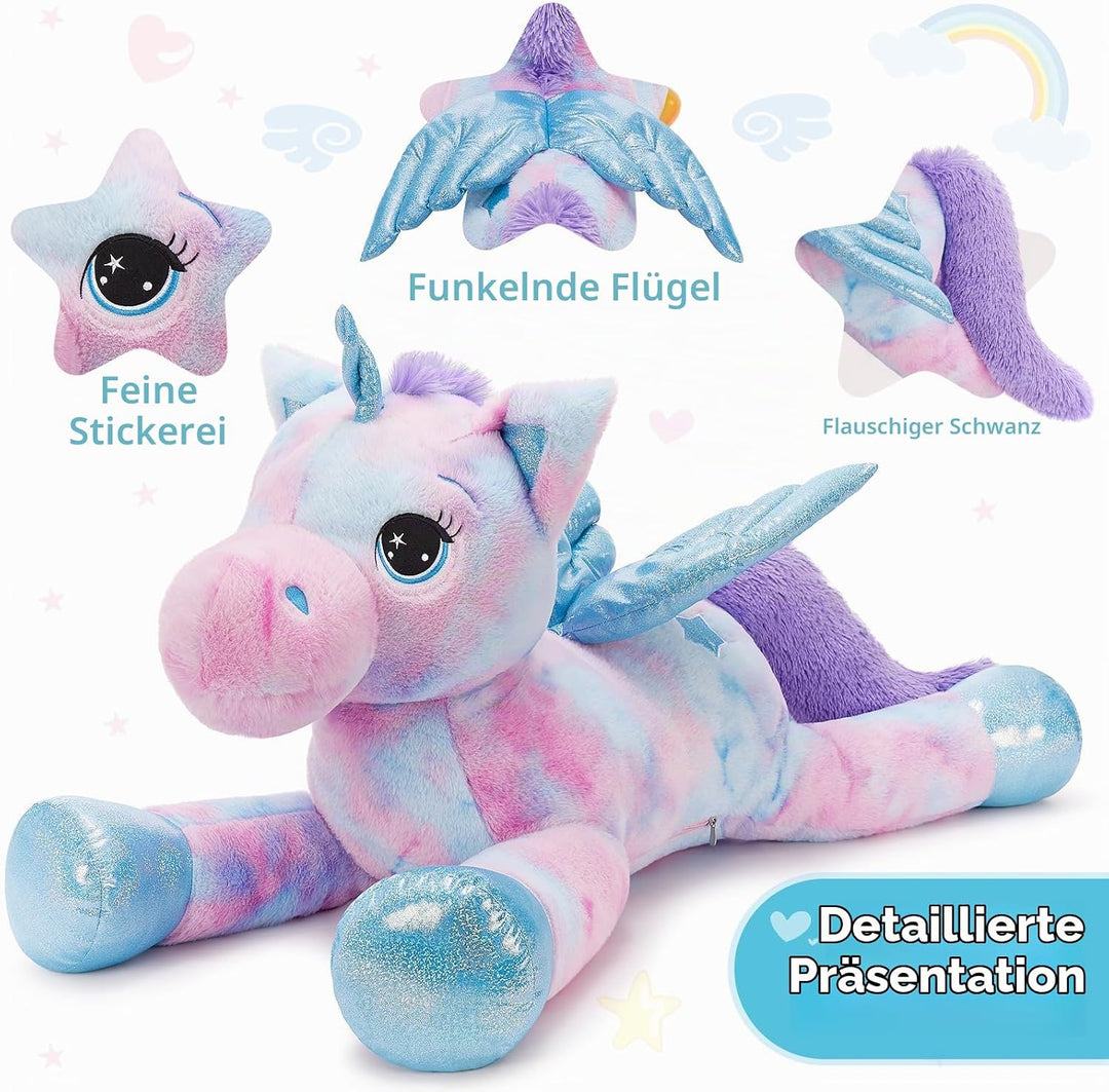 MorisMos Einhorn Kuscheltier gross XXL mit flügel, 110cm riesen Einhorn Stofftier Plüschtier, Gesche