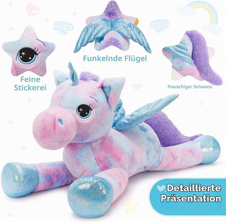 MorisMos Einhorn Kuscheltier gross XXL mit flügel, 110cm riesen Einhorn Stofftier Plüschtier, Gesche
