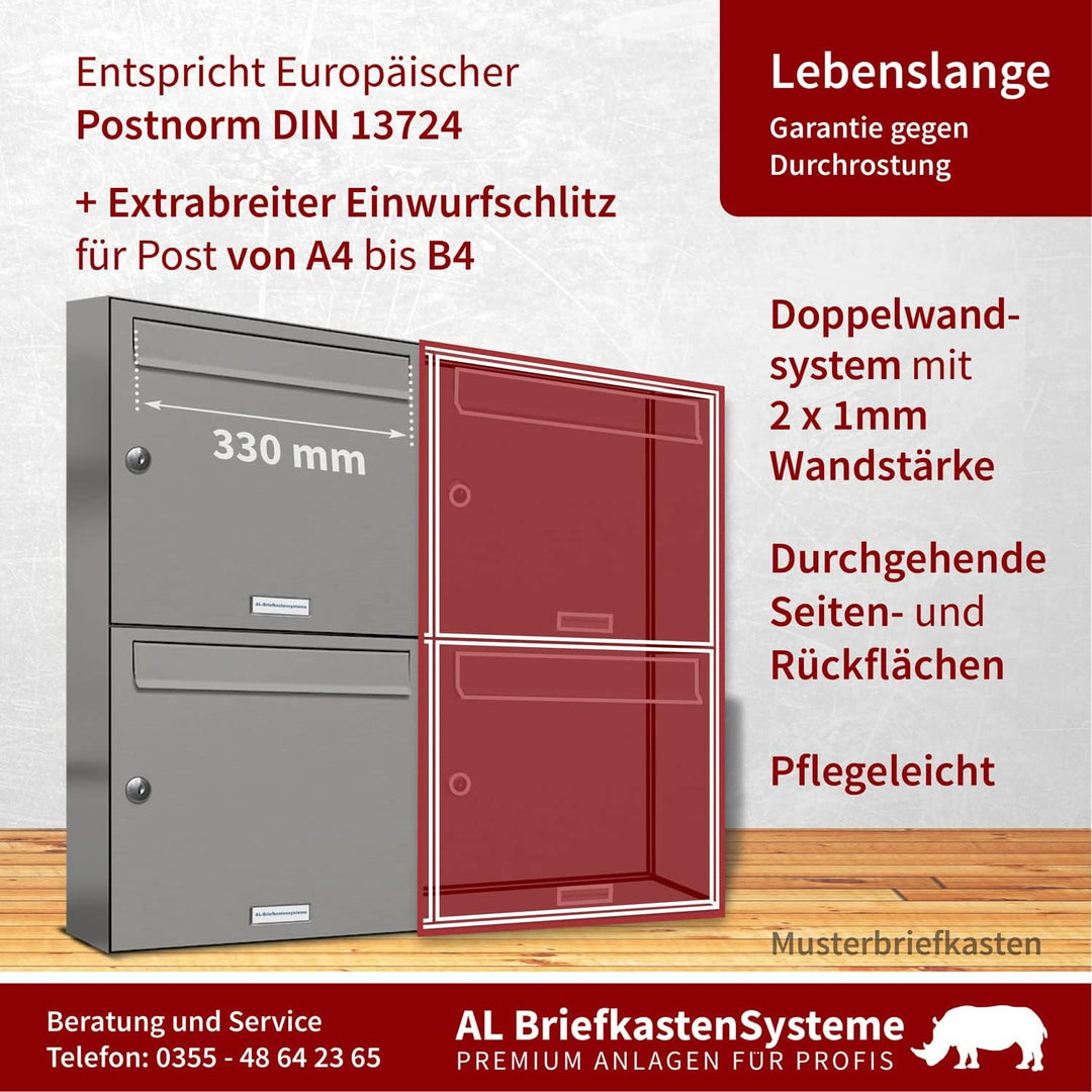 AL Briefkastensysteme 3er Briefkastenanlage Aluminiumgrau RAL 9007, Premium Briefkasten DIN A4, 3 Fa