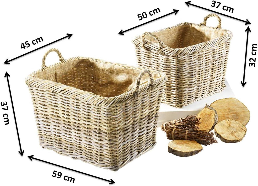 Kobolo Holzkorb für Kaminholz Kaminkorb rechteckig Kubu Grey - Rattan - Stoff hell - 2er Set