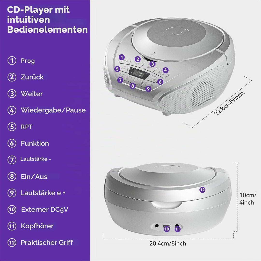 Gueray CD Player Tragbar Boombox Radio mit CD-Player CD Spieler mit Lautsprecher Display Unterstützu